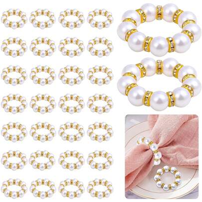 30Pcs Faux Pearl Napkin Rings Set, Beaded White Gold Round Buckles, Imitation Beaded Napkin Ring Holder, Elegant Shiny Table Decor For Wedding, Disposable Napkins Rings For Dinner Table Decor And Daily Use