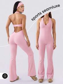 Women Yoga Flare Jumpsuit Lace Patchwork V Neck Backless Jumpsuits With Bra Tummy Control Cutout Romper Workout Outfit Sleeveless Unitard One Piece Backless Bodysuit - 粉色 - 查看 2
