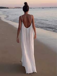 A Women's Solid Color Camisole Loungewear, Elegant Sleeveless Backless Long Dress, Summer Casual Wear, Women's Indoor Sleepwear, Beach Vacation Dress. - 白色 - 查看 2