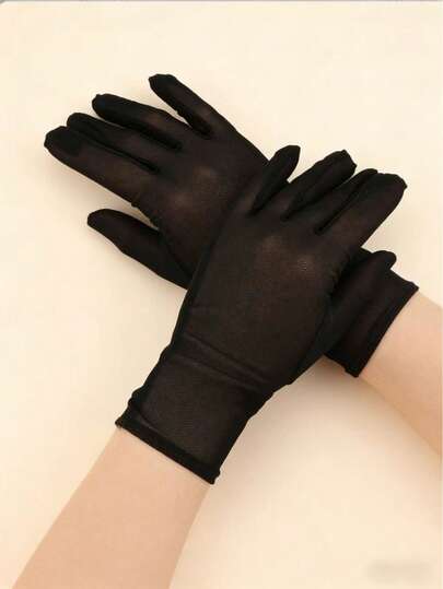1 Pair Black Elegant Lace Mesh Short Gloves For Women, Breathable For Driving, Suitable For Evening Gowns And Formal Occasions