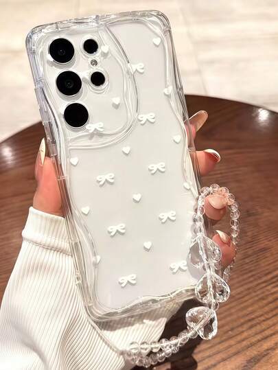 1pc Creative Sketch Polka Dot Heart + White Bow Wristband, 3pcs Heart Shaped Wave Edge Phone Case Compatible With Apple 7/8/X/XR/XSMAX/11/12/13/14/15/16/17 Pro Max, A14/A15/A16/A17/A04/A05/A06/A07/A54/A55/A56/A57/A34/A35A/36/A37/S26/S26Plus/S26Ultra, Transsion SMART7/8/9/10