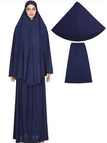 一套穆斯林女装，中东女士经典头巾长裙套装，适合日常穿着 - 藏青 - 查看 5