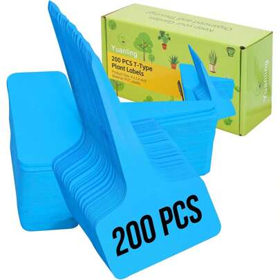 Plant Labels 200 Pcs T-Type Plastic Garden Tags Waterproof Plant Sign Stakes Nursery Garden Makers For Seedlings Flower Vegetables Herb Potted Belt Permanet Marker Pen (Blue)