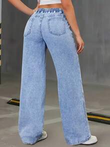 Women's Elastic Waist Wide Leg Jeans, High Waisted Tummy Control Straight Jeans, Acid Washed Denim Trousers With Pockets, Elegant Women's Outfit, Loose Fitting Comfortable Pantalones, Baggy Casual Pants For Travel, Work And Office Wear. - 藍色 - 查看 5