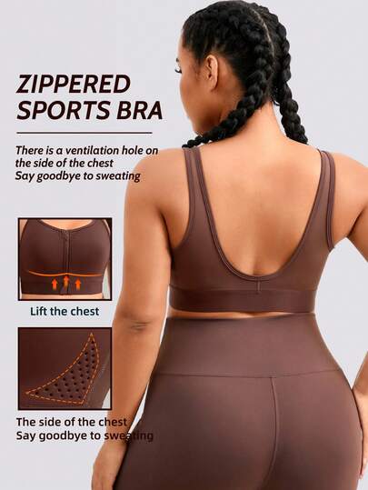 1pc Women Plus Size Sports Bra, Adjustable Back Support Lift, Front Zipper Casual Camisole For Spring/Summer