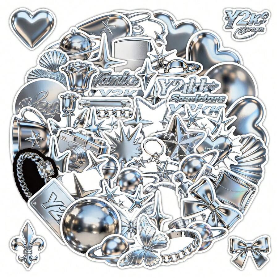 58pcs Y2K Style Metal Texture Stickers, Suitable For Phone, Computer, Notebook And DIY Aesthetic Graffiti - A - View 1