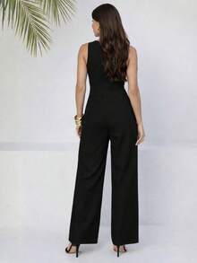 Women's Long Tailored Jumpsuit With Buttons And Pockets, Elegant Wide-Leg Pants - 黑色 - 查看 4