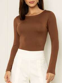 Kit 2 Women's Long Sleeve Blouse Cold Weather Round Neck Winter - 裸色和棕色 - 查看 6