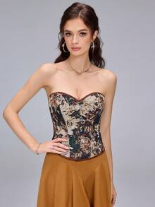 Vintage Oil Painting Jacquard Bandeau Crop Top, Heart Neckline Front Button Design, Fishbone Shaping Cinched Waist Sexy Blouse - Brown - View 7
