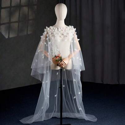 1pc Handmade 3D Floral Bridal Cape, Wedding Cloak With Trailing, Photography Prop, Wedding & Valentine's Day Accessory