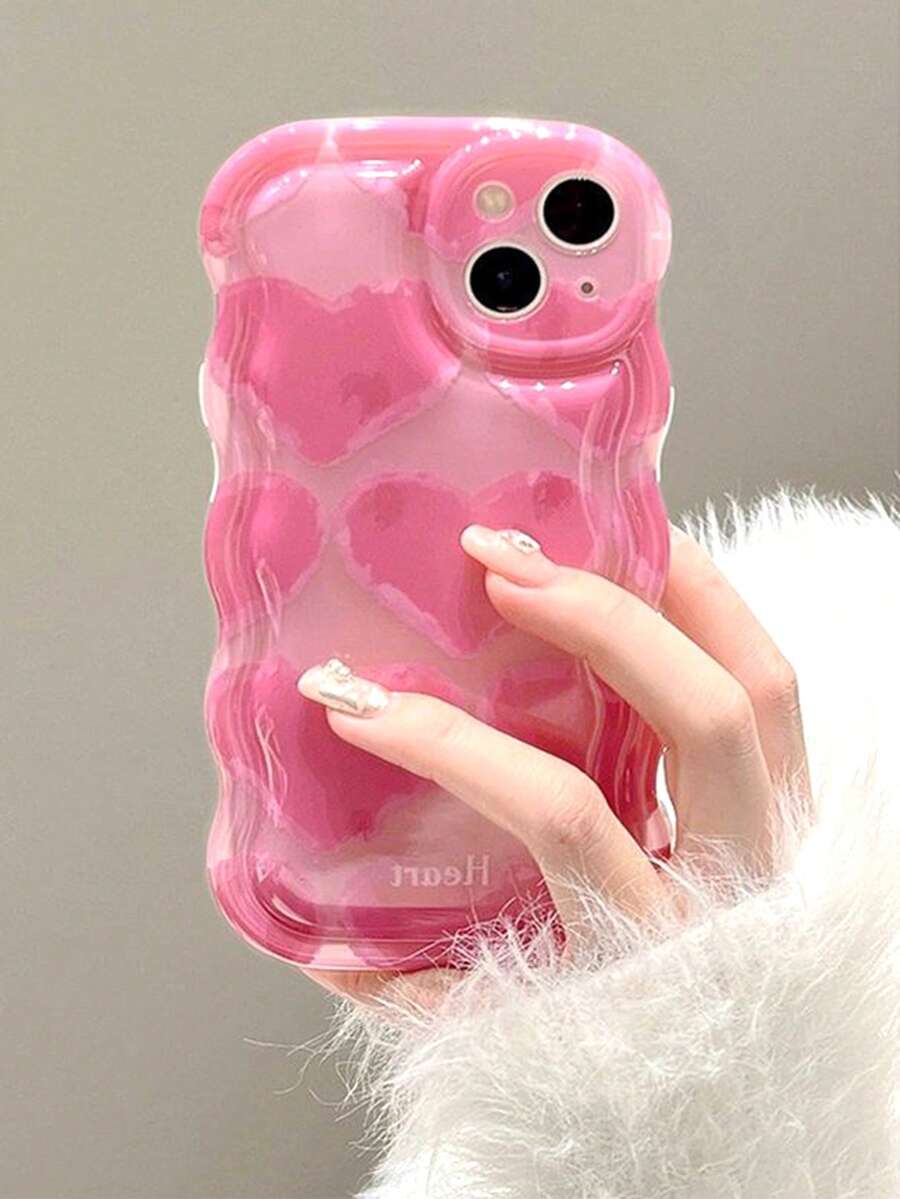 Transparent Wavy Air Cushion Pink Heart Shockproof Full Coverage Phone Case Suitable For IPhone11/12/13/14/15/16/17/PROMAX - Pink - View 1