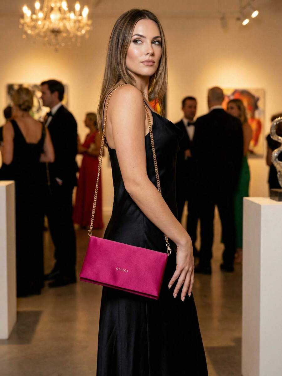 Gucci 1pc Wine Red Silk Makeup Bag, Convertible Shoulder/Crossbody, Cosmetic Storage Pouch With Adjustable Strap, Elegant Minimalist Daily Travel Accessory - Hot Pink - View 1