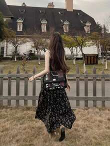 女士花卉波西米亚风优雅可爱荷叶边层叠休闲晚宴派对中长连衣裙 - 黑色 - 查看 3