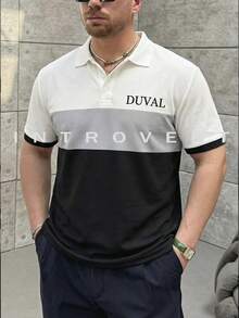 Men's New Fashionable Versatile Printed Lapel College Style Classic Men's Casual Polo Shirt, Soft Breathable Fabric, Regular Fit, All-Match Casual Tops - White - View 1