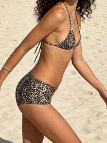 Womens Bikini Swimsuits Striped/Animal Print Halter Bra Tops with Briefs 2 Pcs Set Stylish Bikini Bathing Suit - Óxido marrón - Ver 3