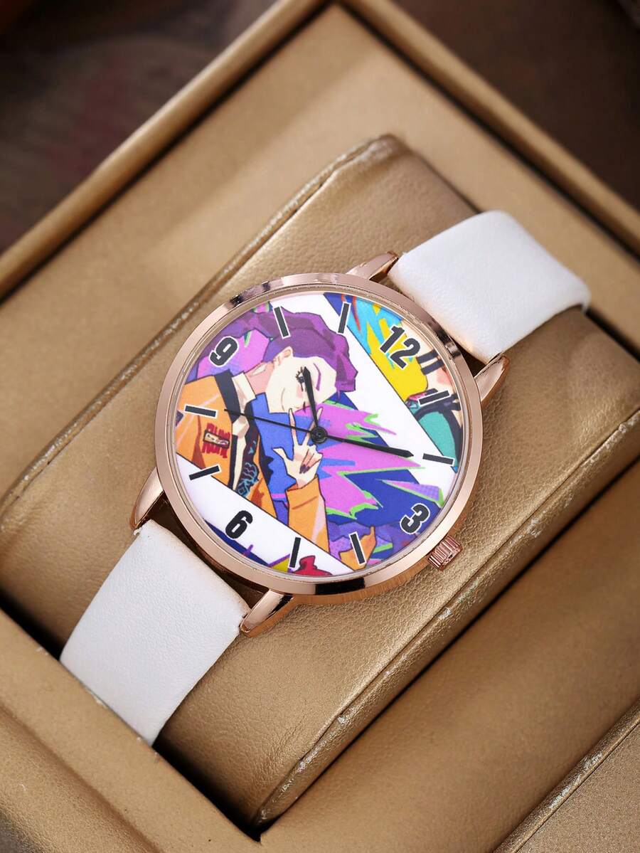 This Watch Is Meticulously Crafted, Capturing The Vibrant Anime Scene On The Dial, Paired With A Minimalist Leather Strap. It Not Only Showcases A And Personalized Style, But Also Ensures A Comfortable Wearing Experience, Making It A Unique Fashion Statement On The Wrist. - White - View 1
