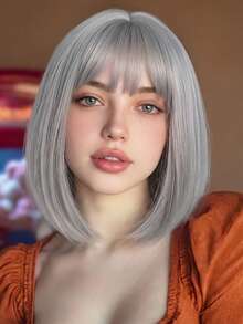 12 Inch Silver Gray Bobbed Wig With Bangs - High Quality Synthetic Material, Adjustable Cap, Natural Parting | Y2K Style - Silver - View 3