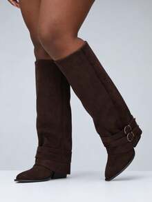 Botas altas de ante vintage para mujer, con detalle de hebilla y cremallera lateral, para primavera - marrón oscuro - Ver 6