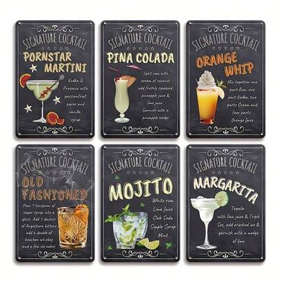6pcs Vintage Rum Cocktails Metal Tin Sign Set - 8x12 Inch, Weatherproof Wall Art For Home Bar, Garage & Living Room Decor - Funny, Pre-Drilled Hanging Plaques, Wall Decor