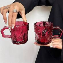 2pcs Ins Style Rose Pink Handle Glacier Glass Cup, High-Quality Household Beverage, Water, Coffee, Cold Drink, Milk Cup - Hot Pink - View 7