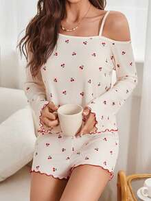 女士樱桃印花荷叶边撞色滚边优雅长袖上衣和短裤睡衣套装 - 杏色 - 查看 4
