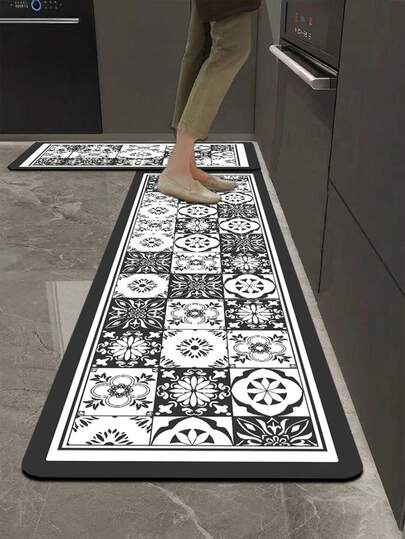 1 ชิ้น แผ่นรองพื้นซิลิกาเจลสำหรับห้องครัว, ดีไซน์บล็อกสีขาวดำคลาสสิก, ลวดลายดอกไม้วินเทจ, ลายม้วน, และลวดลายเรขาคณิตสมมาตร, ขอบสีดำ, เหมาะสำหรับห้องครัว, ห้องน้ำ, ทางเข้า, ห้องซักรีด, ห้องนอน, การตกแต่งห้องนั่งเล่น