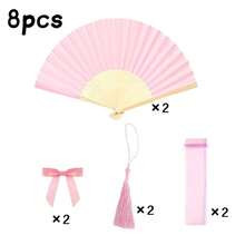 16/8件套粉色婚礼回礼扇套装，女士折叠手扇，粉色蝴蝶结，流苏，透明袋，婚礼派对装饰。适合作为新娘礼物、婚宴、生日派对、伴娘拍照道具、夏季扇子、活动及派对用品，多件套派对回礼包 - A - 查看 11