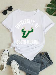 Women's University Of South Florida Graphic Print Short Sleeve T - Shirt Crew Neck Casual Loose Fit Cotton Tee For Daily & Campus Wear,Tops For Women,Women Tops,Women's Tops Clothes ,Women Tops, Blouses & Tee  Camiseta Para Mujer,Motif Women Clothes,Summer Clothes,Spring Outfits For Women,Graphic Tees Women,Black Top,Summer Tops, - trắng - Xem 4