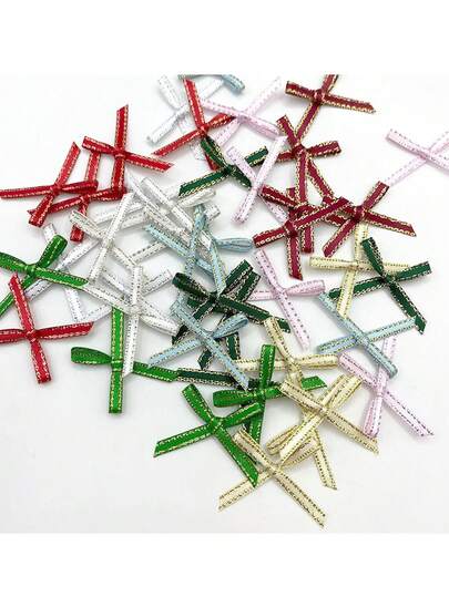 50pcs 3*2.5cm Gold/Silver Edge Polyester Ribbon Bows, Handmade Satin Ribbon For Bra, Clothing, Nail Art, Toys, Doll Decoration, Gift Box Handmade Bow