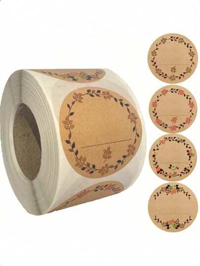 500 hojas/rollo, 2 pulgadas/5cm Etiquetas de papel kraft, Etiquetas con estampado de corona floral, Etiquetas para frascos, Etiquetas para almacenamiento de alimentos, Etiquetas para sellar bolsas de regalo