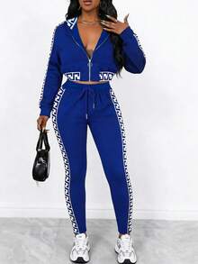 1pc Women's Casual Elegant Blue Mandarin Collar 2-Piece Set With Drawstring, Fashionable & Comfortable - Blue - View 6