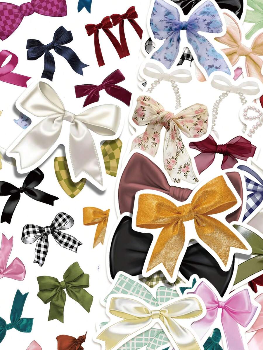 50pcs Bow Tie/Knot Stickers Aesthetic Cute Vibes For Journal, Phone Case, Tablet, Water Bottle, Helmet, Bike, Luggage, Waterproof Decals - Multicolor - View 1