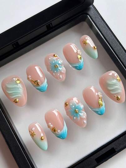 10pcs Handmade Short Almond-Shaped Gradient Blue French Manicure Nail Stickers, 3D Embossed, Floral Carving, Suitable For Women's Daily Wear, Travel And Beach Vacation In Spring/Summer, Includes Jelly Gel And Nail File