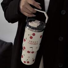 1个900毫升/30.44盎司樱桃心形系列保温杯，保温保冷，大容量车载杯，带手柄和吸管的水瓶，双吸嘴，适合健身和户外运动，也可用作学习用品或节日礼物。 - 彩色 - 查看 5