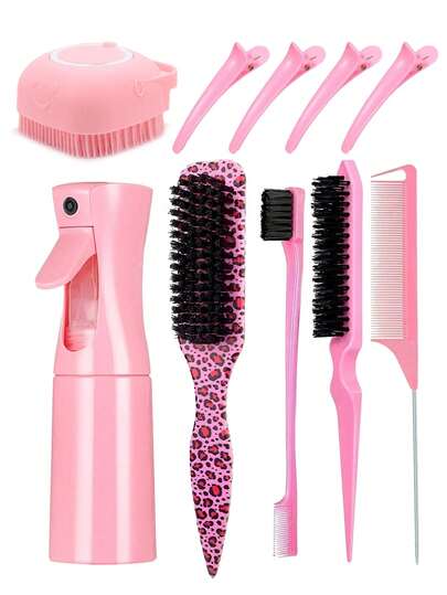 10 piezas Juego de cepillos de pelo y botella de rociado continuo (6.8 OZ / 200 ML) con pegatinas con diseño de dibujos animados en relieve, botella de rociado ultra fina y cepillo de cerdas de borde, peine de cola de rata, cepillo de esponjado para alisar el cabello, peluquería, limpieza, vuelta al colegio, artículos esenciales de viaje y vacaciones, accesorios de pelo para niña, cepillos de pelo
