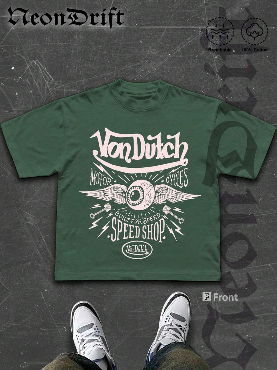 NeonDrift Street Cotton T-Shirt 100% Cotton Fabric Unisex Style-Van Dutch Motor Cycles Speed Shop Graphic T Shirt Vintage Style Print Classic Americana Design For Car Enthusiasts And Biker Culture Fans Casual Wear Streetwear Fashion Men's Apparel - xanh quân đội - Xem 1