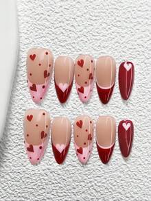 10Pcs Romantic French Style Handmade Press On Nail,Polygel Nail Set,Hand Painted Irregular Pink And Red Hearts,Red Nail Polish,Simple Spring Style,Includes Nail Tools,3 Sizes Available,Almond,Duck,Coffin Nails For Party,Dance,Daily Wear. - 彩色 - 查看 12