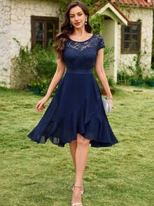 MIUSOL Floral Lace Round Neck Asymmetrical Ruffle Hem Chiffon Prom Party Swing Dress Wedding Spring - Navy Blue - View 8