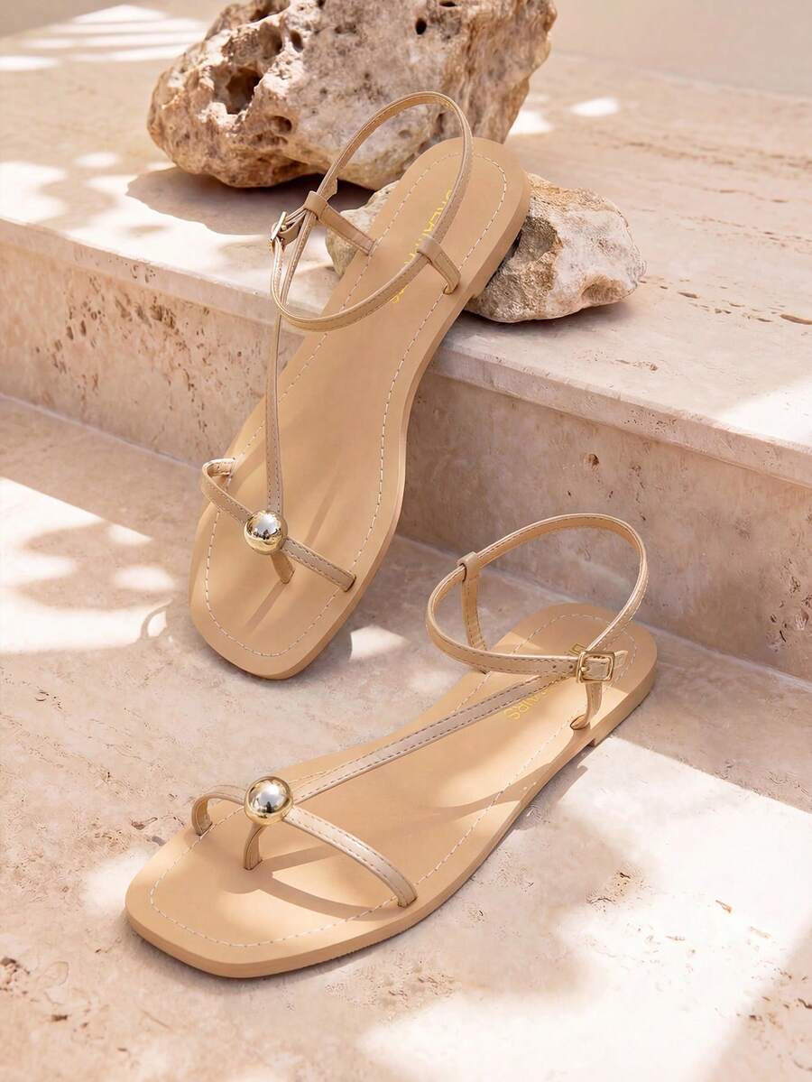 Women's Strappy Flat Sandals For Women Comfortable Open Square Toe Sandals Dressy Beach Thong Cute Wedding Summer Ankle Strap Sandals - 杏色 - 查看 1