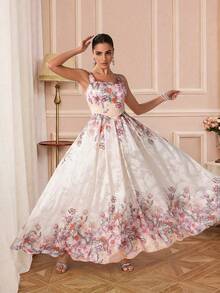 优雅无袖梭织面料伴娘礼服，印花长款，适合特殊场合 - 彩色 - 查看 4