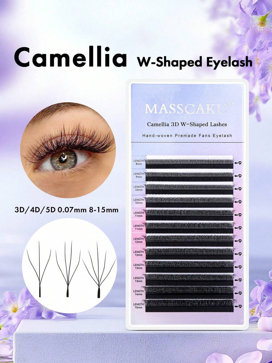 12支装 MASSCAKU 3D 4D 5D W型山茶花睫毛嫁接套装，超大容量预扇形睫毛，C/D 8-15mm，超柔软蓬松