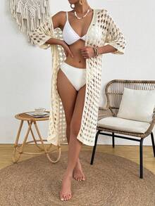 Lightweight Hollow-Out Large Grid Knit Cardigan, Loose Fit Drop Shoulder Casual Sexy Beach Vacation Silky Jacket, Summer - Apricot - View 5