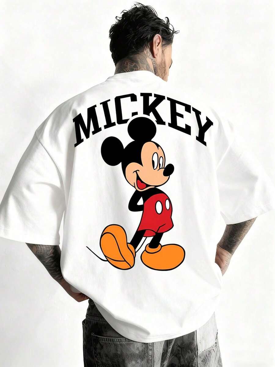 Disney Official Licensed Mickey Mouse Classic Big Letter Retro Print 220g Cotton Crew Neck Unisex Tee - 白色 - 查看 1