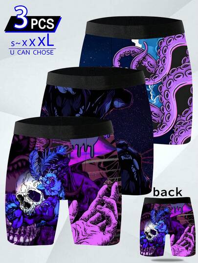3-Pack Of Novelty Men's Shorts, Urban Street Style, Positioning Print Men's Boxers, Dark Aesthetic Creative Print Underwear, Knitted Fabric, Soft And Skin-Friendly, Quick-Drying And Breathable, Sporty And Casual Men's Long-Leg Boxers.