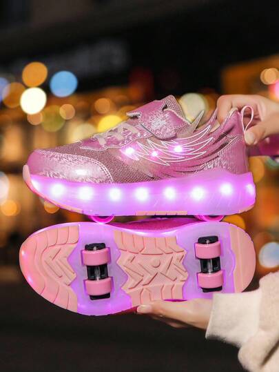 Zapatos de patines de ruedas de moda mejorados para niños y adolescentes, con mayor estabilidad, zapatillas desmontables 2 en 1, zapatos de patinaje geniales para la calle, zapatos deportivos luminosos para exteriores, zapatos para padres e hijos, nuevos patines de ruedas, cordones luminosos, patines de ruedas con luces LED, zapatos de patines de ruedas recargables por USB, zapatos de patines de ruedas LED luminosos, zapatos deportivos con suelas luminosas, para niños