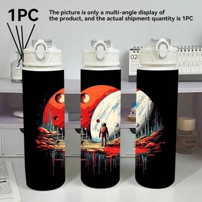 1pc/5pcs Astronaut Pattern Portable Sports Water Bottle, Reusable Plastic Cup, Travel Mug, 750ml Durable Plastic Sports Water Bottle - Leak-Proof Flip-Top Lid, Lightweight, Anti-Drop, Printed Design