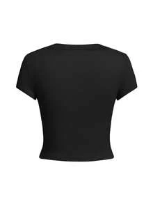 Women's Round Neck Short Sleeve T-Shirt American Hot Girl, Summer New Cartoon Cat Pattern And Letter Print Fashion Versatile Slim Fit Cropped Top - Black - View 4