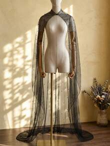 黑色串珠新娘披肩斗篷珍珠婚礼披肩斗篷新娘披肩串珠上衣婚礼披肩配饰 - 黑色 - 查看 8