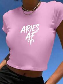 Aries OF Typography Women's Fashion Short Sleeve T-Shirt,Y2K Top Crop,Camisetas De Fiesta,Back To School,Vintage,Street Wear, Rock, Holiday, Vacation, Festival, Summer Tops - Hồng - Xem 4
