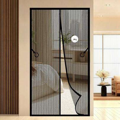 夏季升级款超大黑色条纹磁性自闭合防蚊门帘，加厚网布，耐用隐形设计，透气性好，适用于家居、露台、户外、卧室、浴室、阳台、厨房，适合大多数门，宠物友好，加宽磁性防虫纱帘